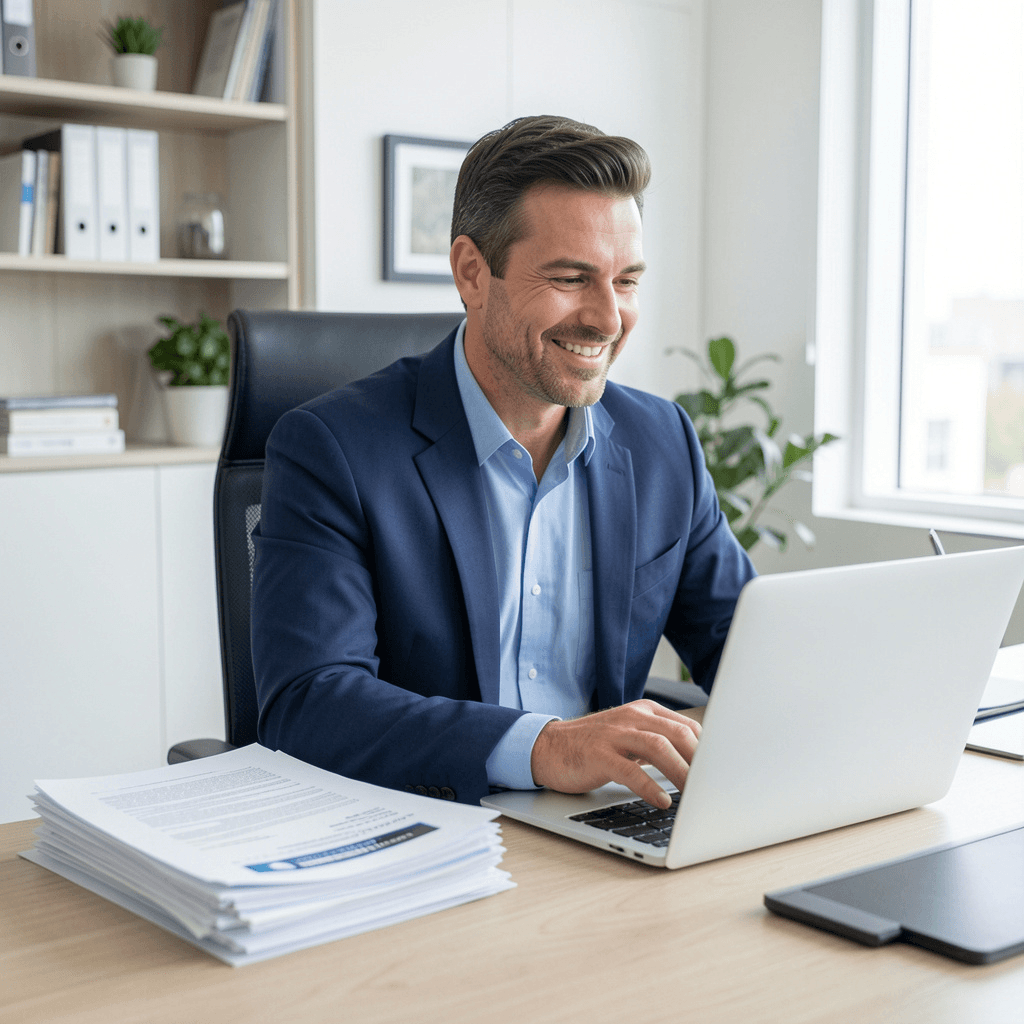 Property manager working at laptop