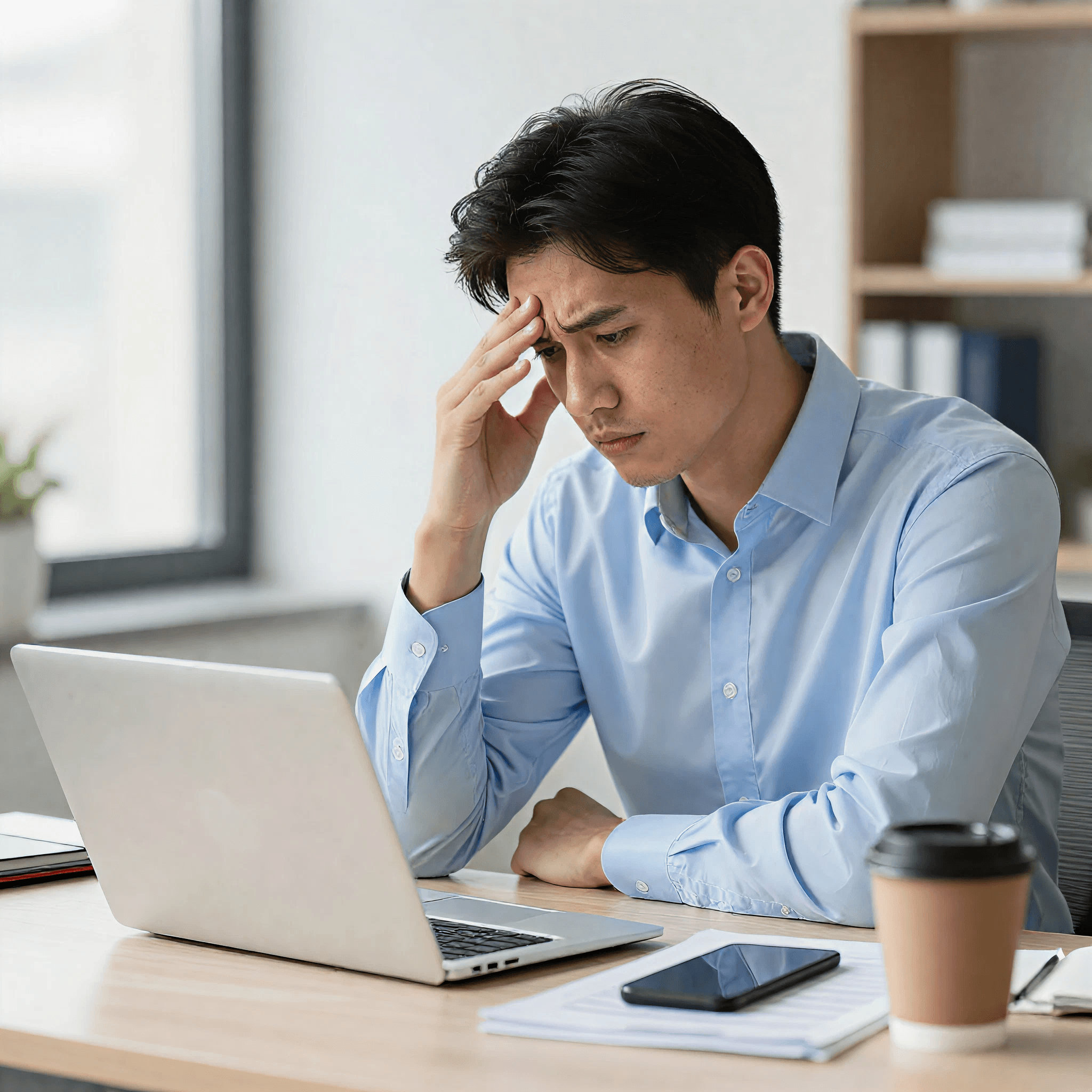 A man sitting at the computer facing a problem.